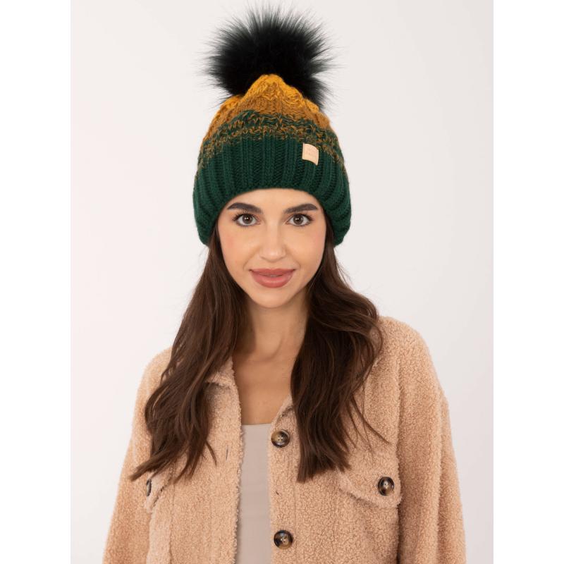 Dámská čepice s bambulí RUE PARIS tmavě zeleno-hořčicová
