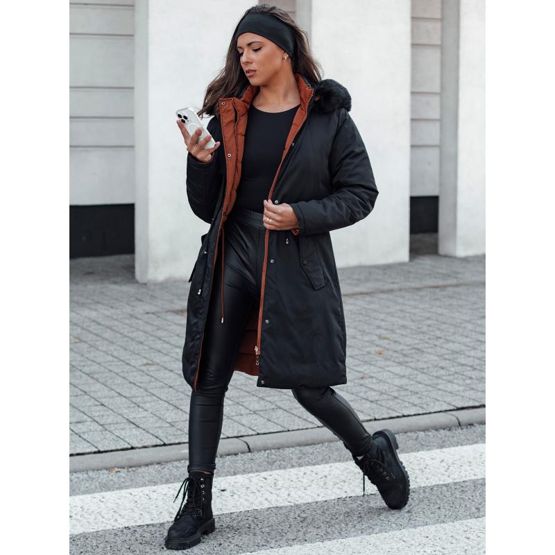 Női TRENDNEL hosszú steppelt télikabát szőrmével fekete