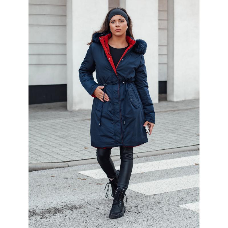 Dámská zimní bunda TRENDNEL dlouhá prošívaná s kožešinou tmavě modrá
