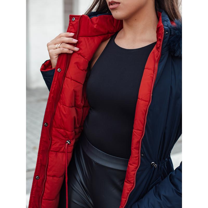 Dámská zimní bunda TRENDNEL dlouhá prošívaná s kožešinou tmavě modrá