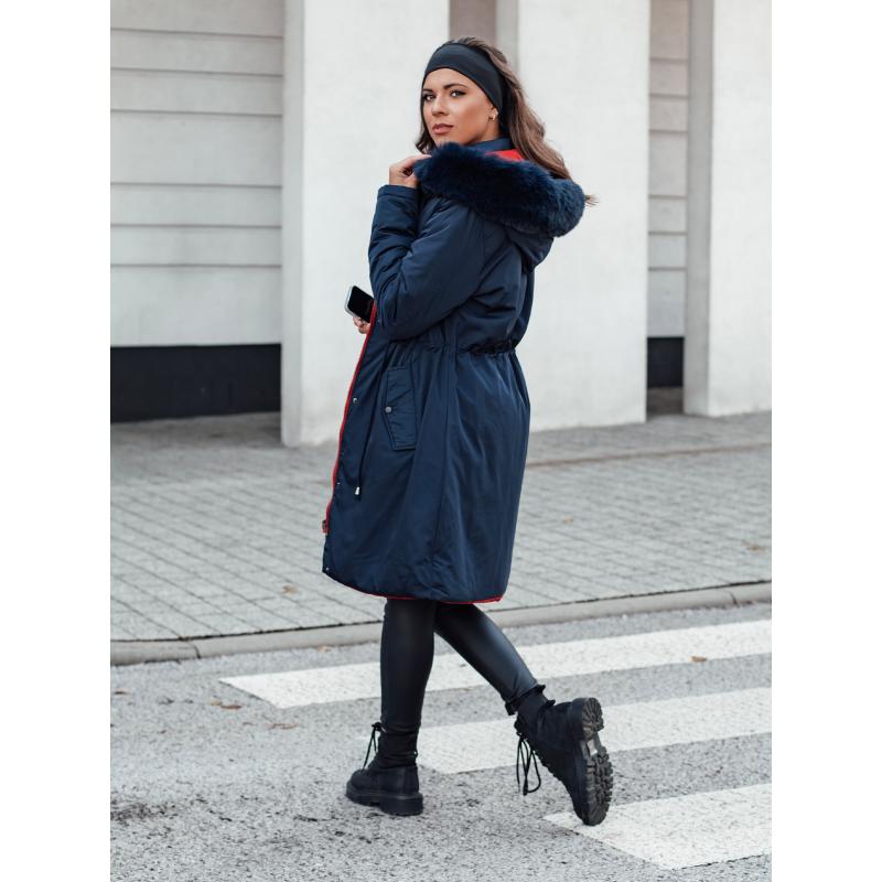 Dámská zimní bunda TRENDNEL dlouhá prošívaná s kožešinou tmavě modrá