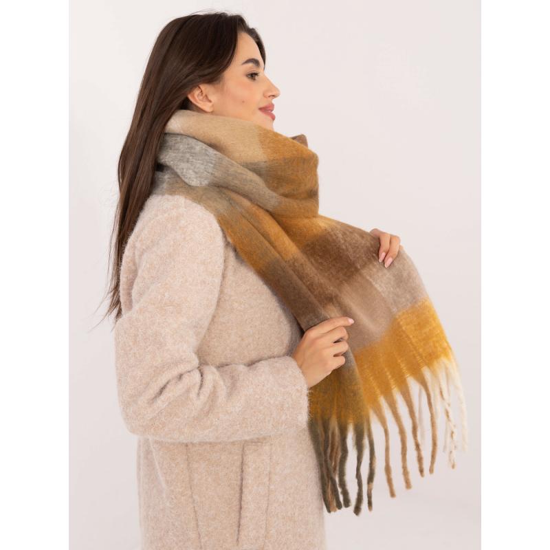 Dámská šála zimní kostkovaná hnědo-tmavě žlutá 