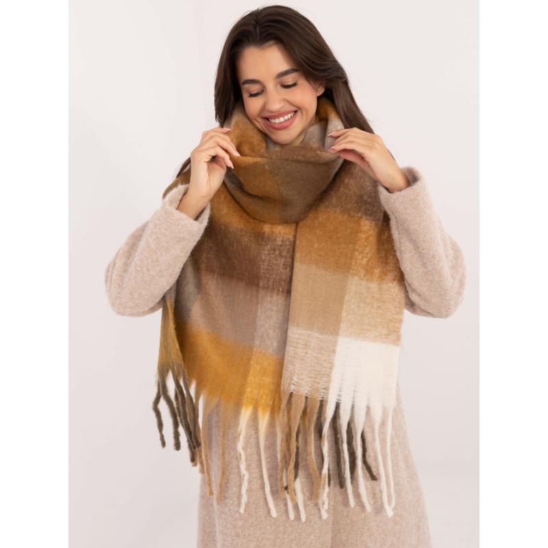 Dámská šála zimní kostkovaná hnědo-tmavě žlutá 