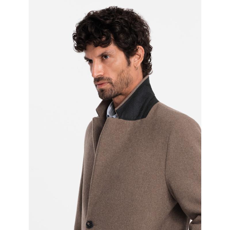 Pánský vlněný jednořadový kabát hnědý