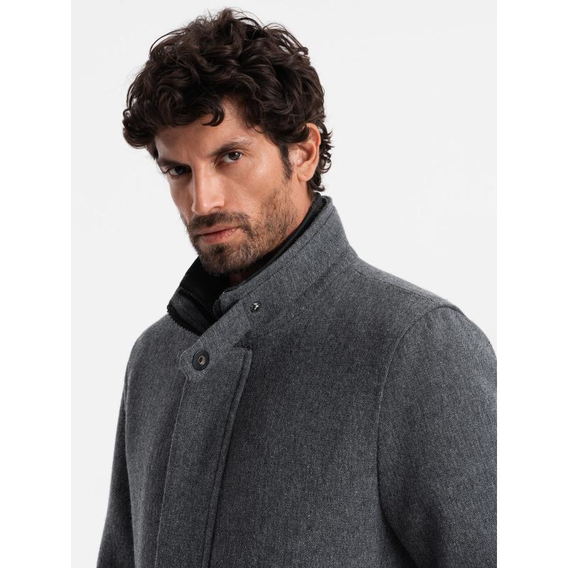 Pánský melanžový zimní kabát s prošívanou podšívkou grafitový 