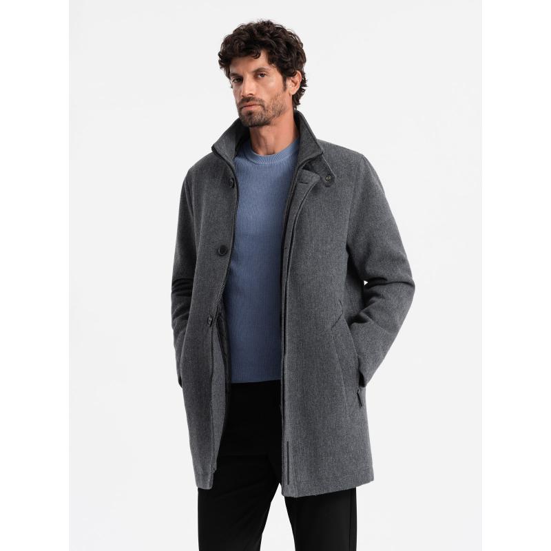 Pánský melanžový zimní kabát s prošívanou podšívkou grafitový 