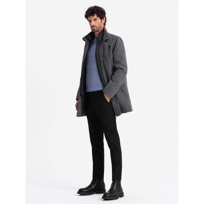 Pánský melanžový zimní kabát s prošívanou podšívkou grafitový 