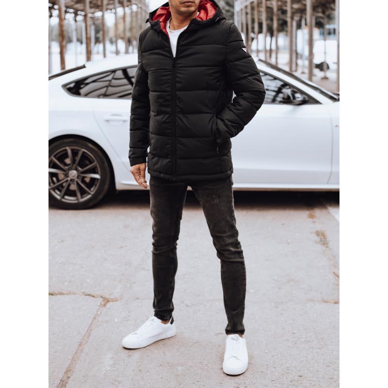 Férfi téli steppelt kabát kapucnival fekete