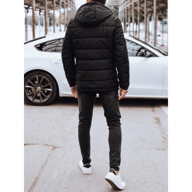 Férfi téli steppelt kabát kapucnival fekete