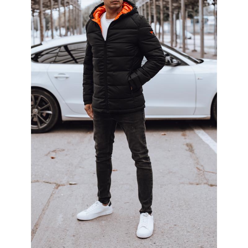 Férfi téli steppelt kabát kapucnival fekete