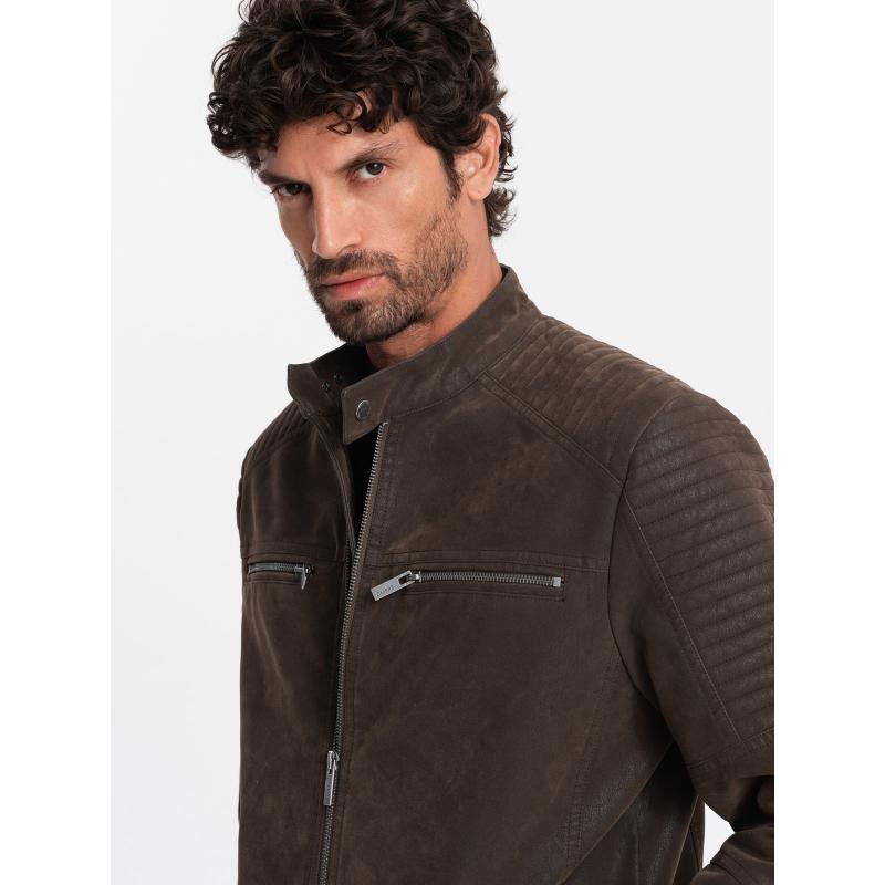 Férfi retro motoros dzseki állógallérral barna