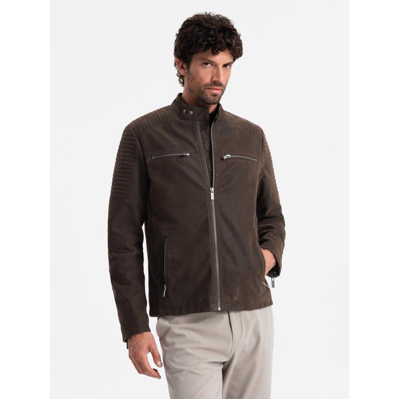 Férfi retro motoros dzseki állógallérral barna