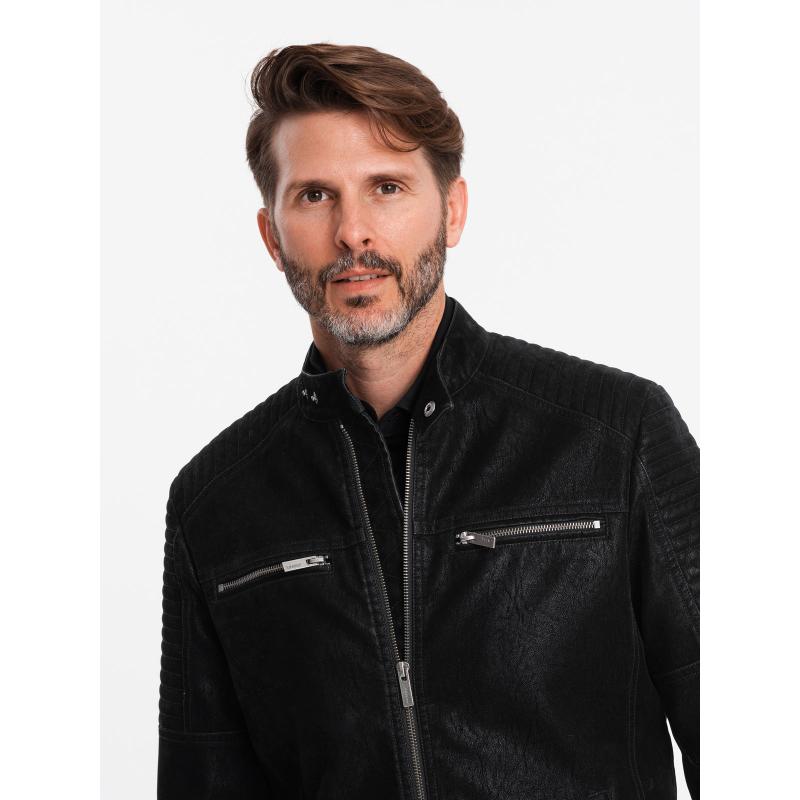Férfi retró stílusú motoros dzseki állógallérral fekete