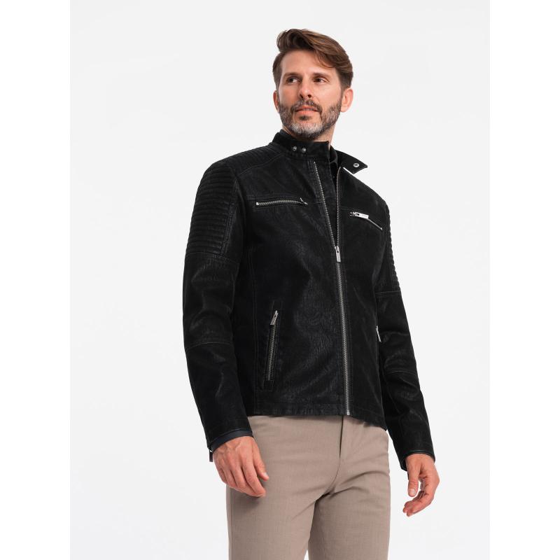 Férfi retró stílusú motoros dzseki állógallérral fekete