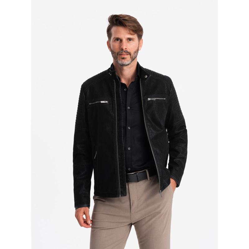 Férfi retró stílusú motoros dzseki állógallérral fekete