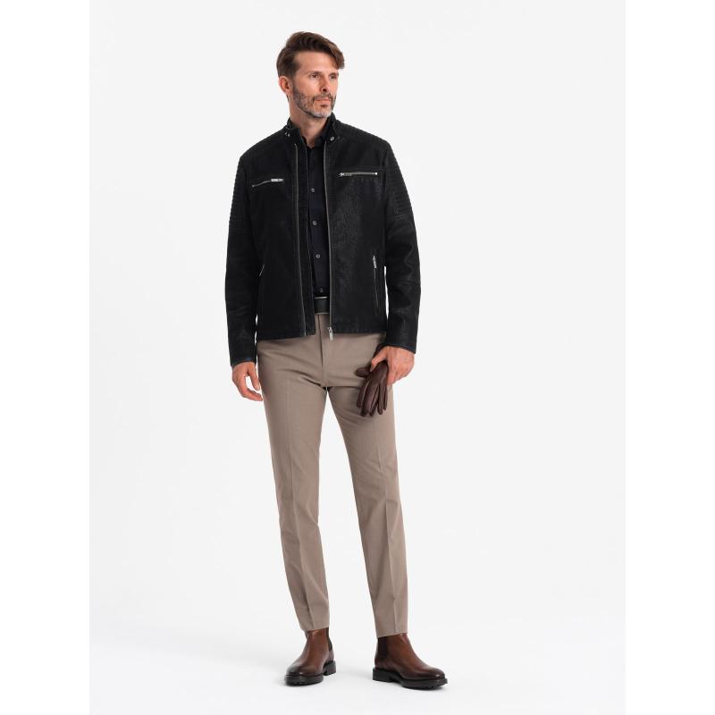 Férfi retró stílusú motoros dzseki állógallérral fekete