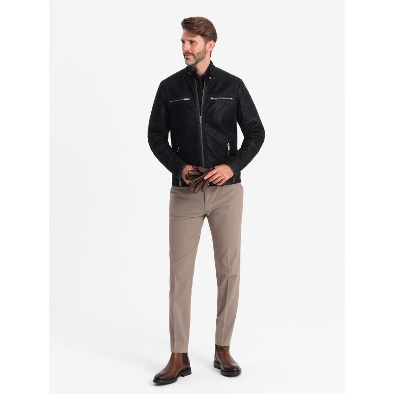 Férfi retró stílusú motoros dzseki állógallérral fekete