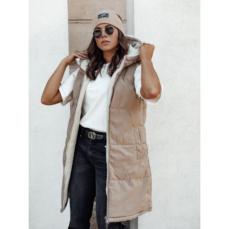 Dámská prošívaná dlouhá vesta s kapucí COSYVIVA béžová