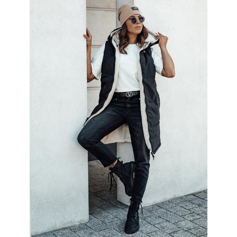 Női steppelt hosszú mellény kapucnival COSYVIVA fekete bézs