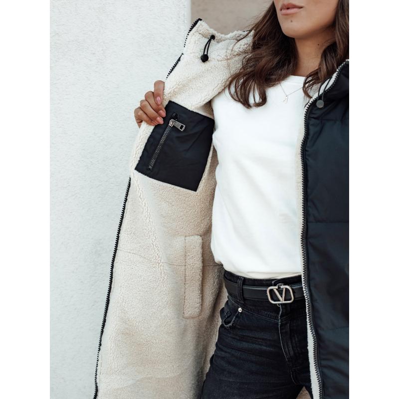 Női steppelt hosszú mellény kapucnival COSYVIVA fekete bézs