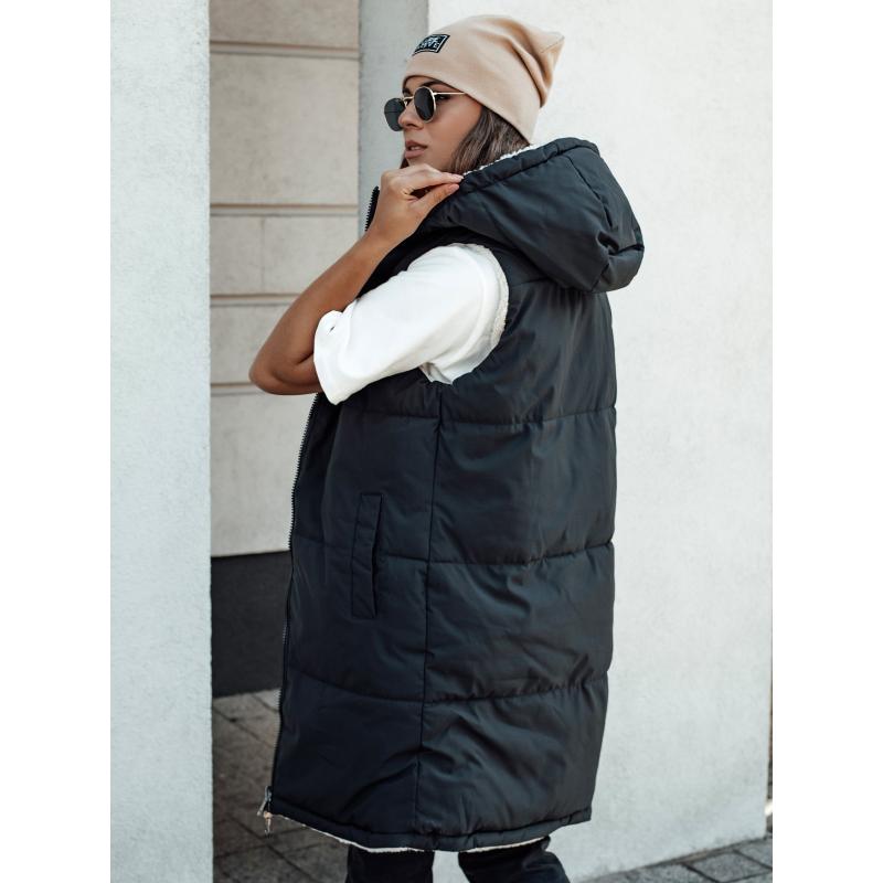 Női steppelt hosszú mellény kapucnival COSYVIVA fekete bézs