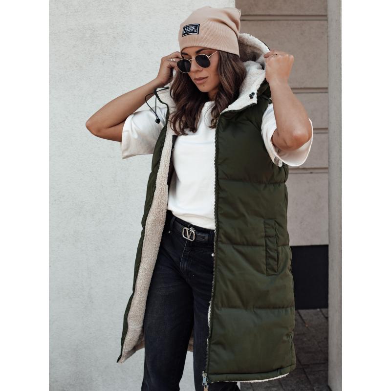 Női steppelt hosszú mellény kapucnival COSYVIVA zöld