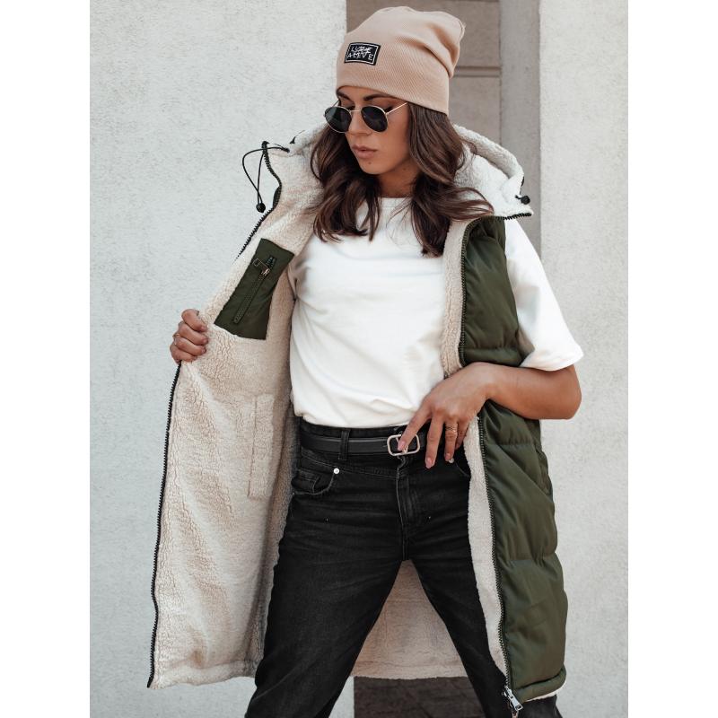 Női steppelt hosszú mellény kapucnival COSYVIVA zöld