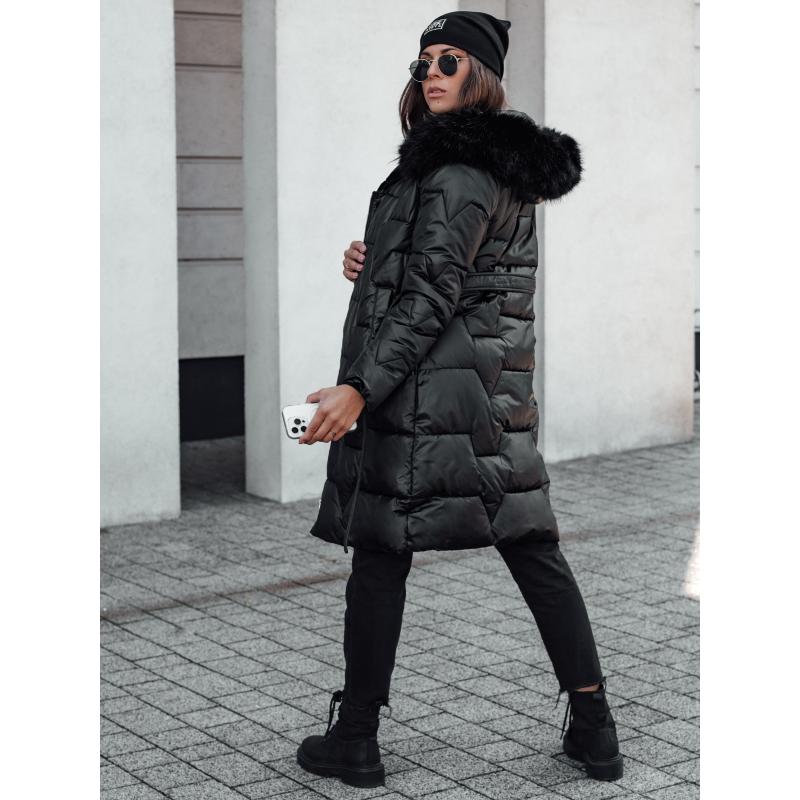 Női télikabát STYLOWQ hosszú steppelt kabát szőrmével fekete