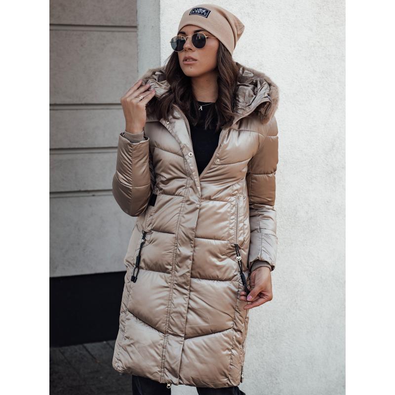 Dámská zimní bunda ULTRAWAY prošívaná s kapucí velbloudí barva
