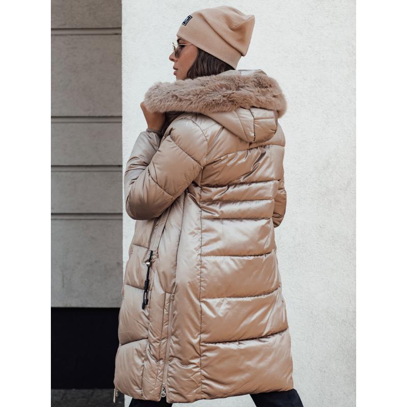 Dámská zimní bunda ULTRAWAY prošívaná s kapucí velbloudí barva