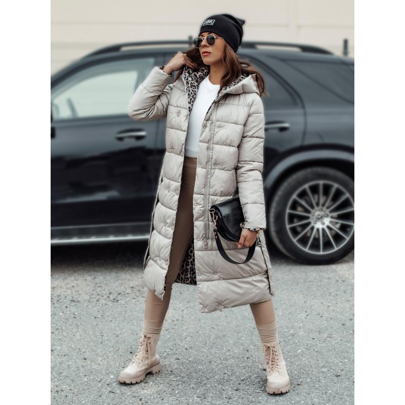 Női hosszú steppelt kabát VELVETTI kapucnival fordítható bézs színű