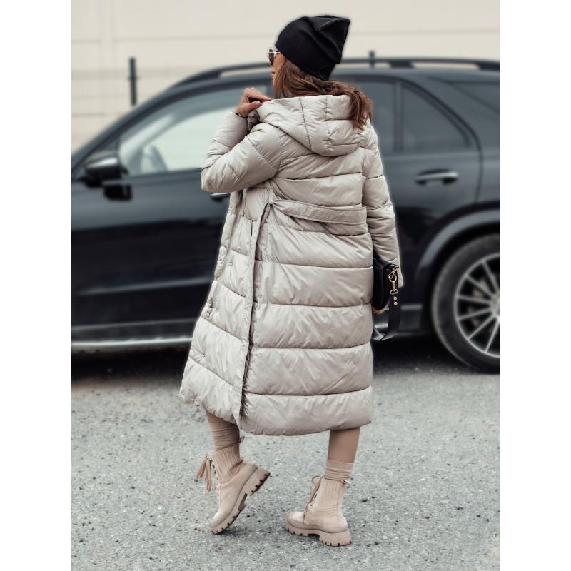 Női hosszú steppelt kabát VELVETTI kapucnival fordítható bézs színű