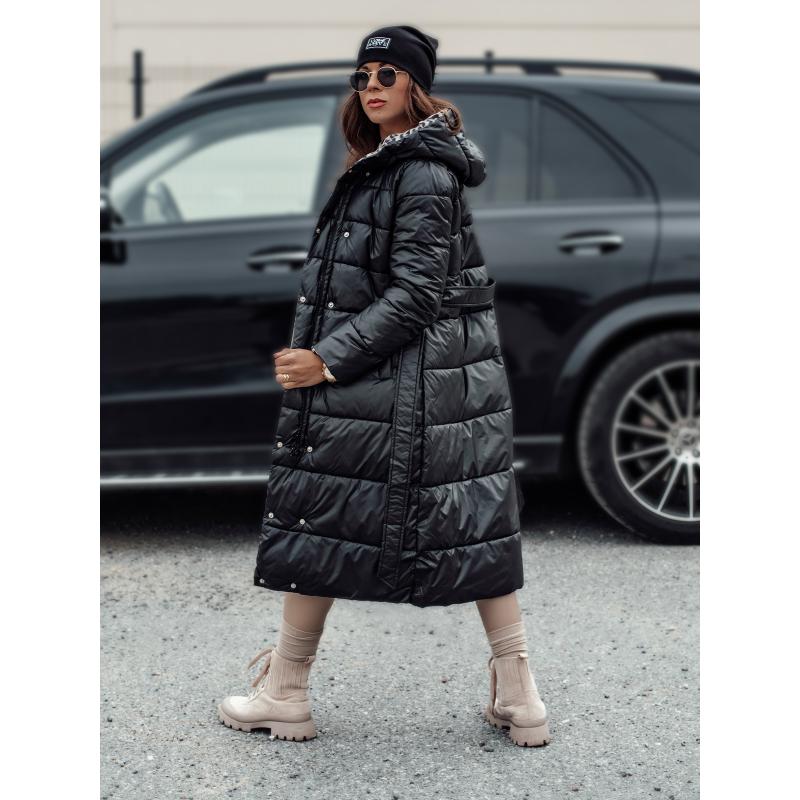 Női hosszú steppelt dzseki VELVETTI kapucnival fordítható fekete