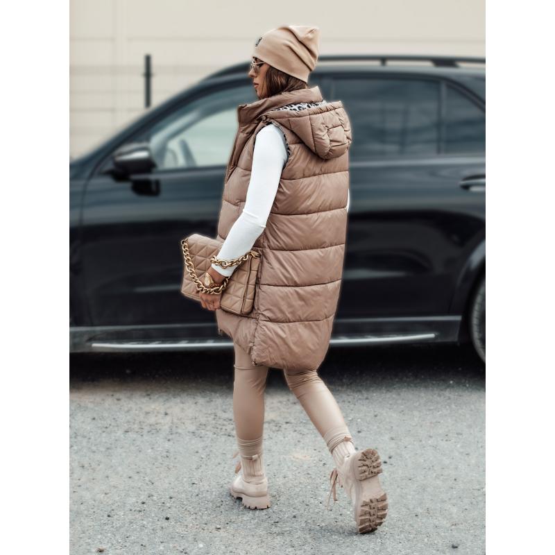 Dámská přechodná prošívaná vesta s kapucí oboustranná ELEGANCIO hnědá