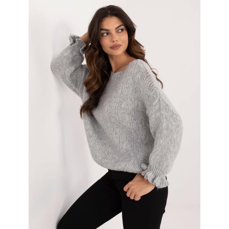 Dámský svetr s volánky na rukávech oversize šedý  