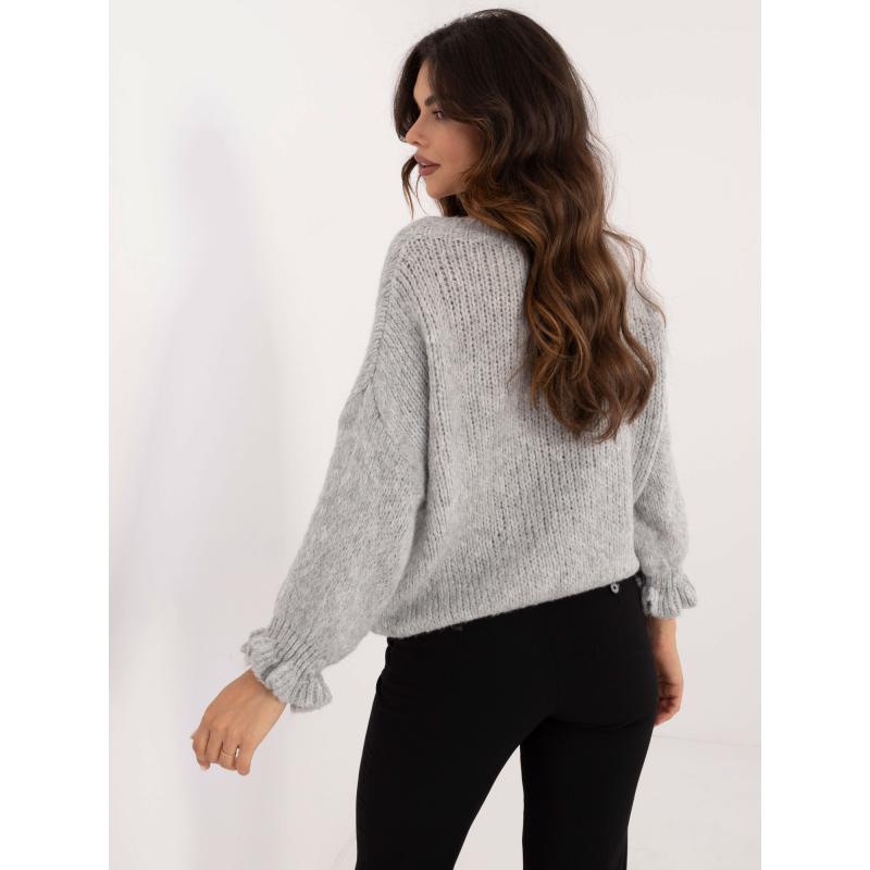 Dámský svetr s volánky na rukávech oversize šedý  