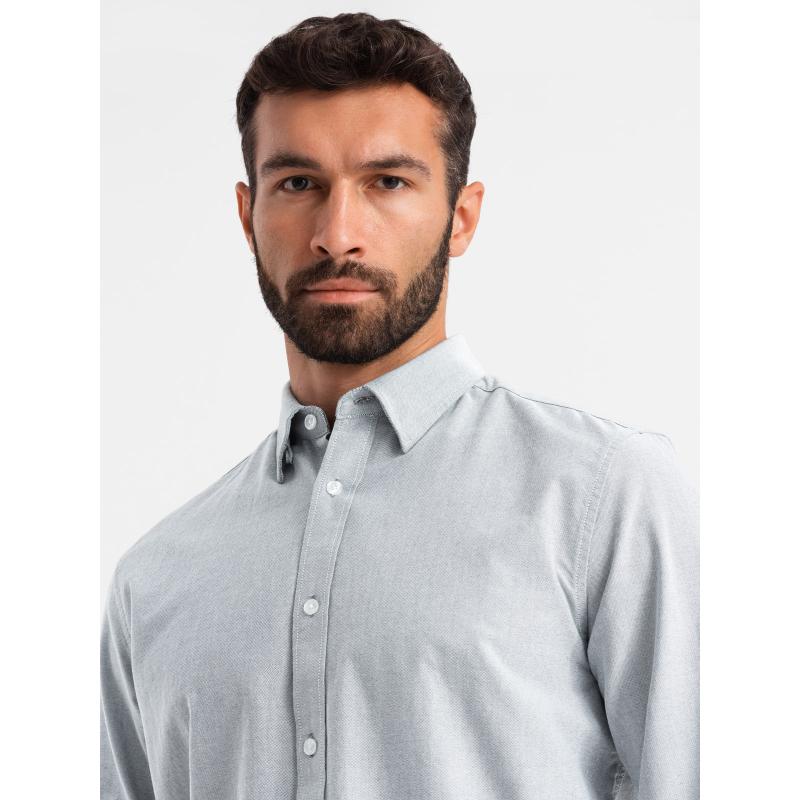 Elegantní pánská oxfordská košile s výšivkou světle šedá 