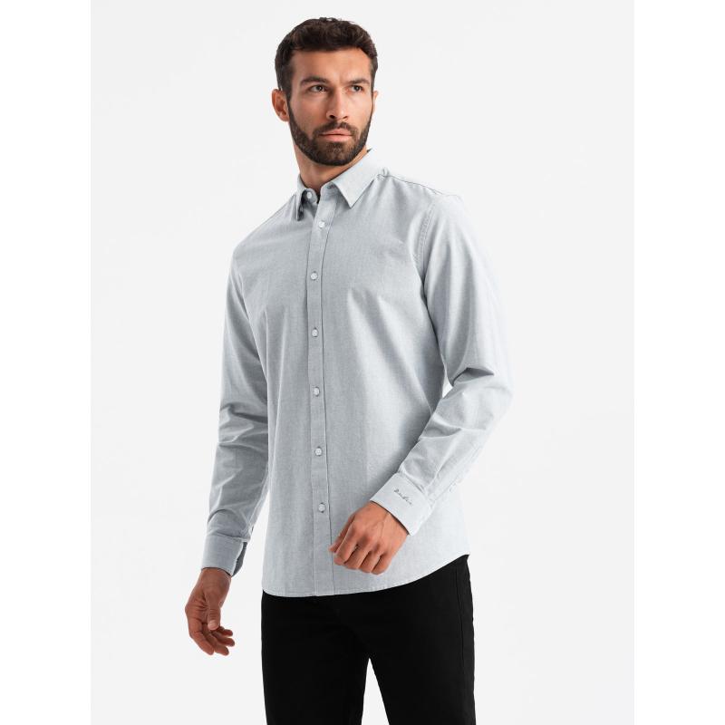 Elegantní pánská oxfordská košile s výšivkou světle šedá 