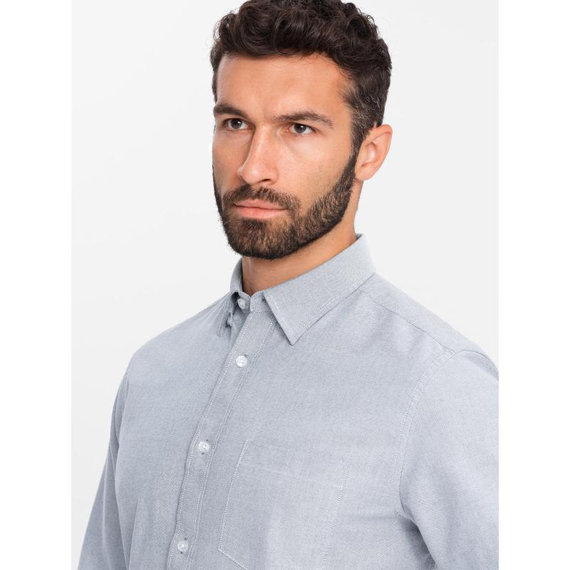 Elegáns férfi oxfordi ing hímzéssel és zsebbel világosszürke színben