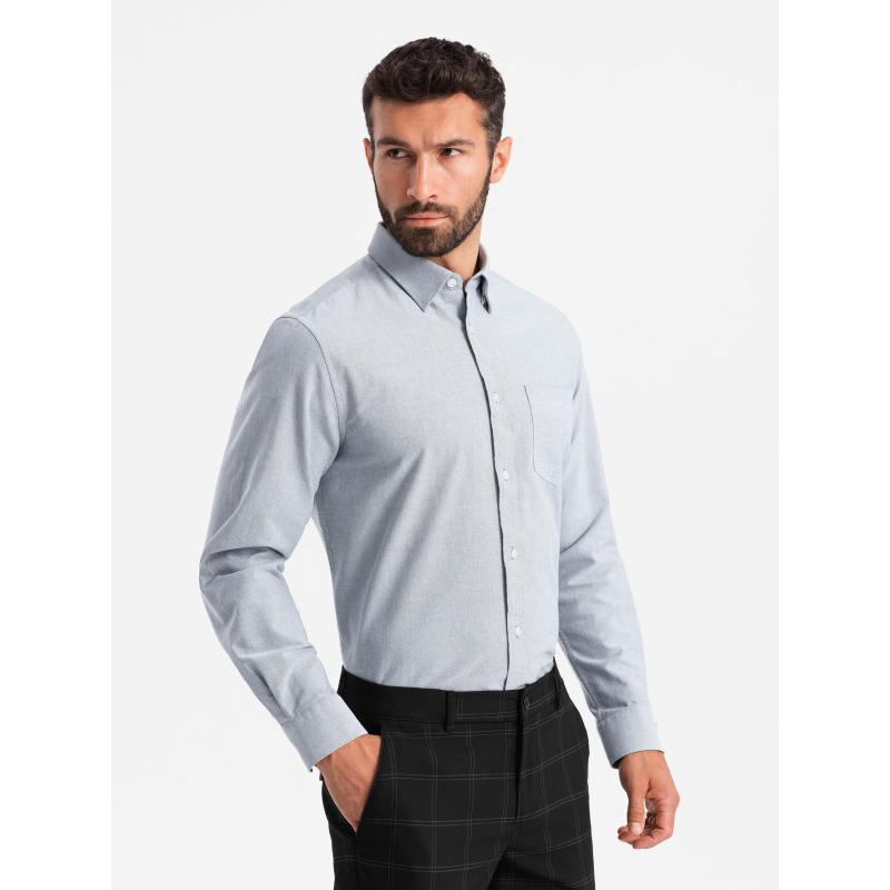 Elegáns férfi oxfordi ing hímzéssel és zsebbel világosszürke színben