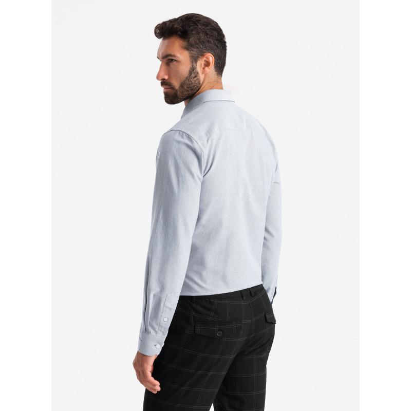Elegáns férfi oxfordi ing hímzéssel és zsebbel világosszürke színben