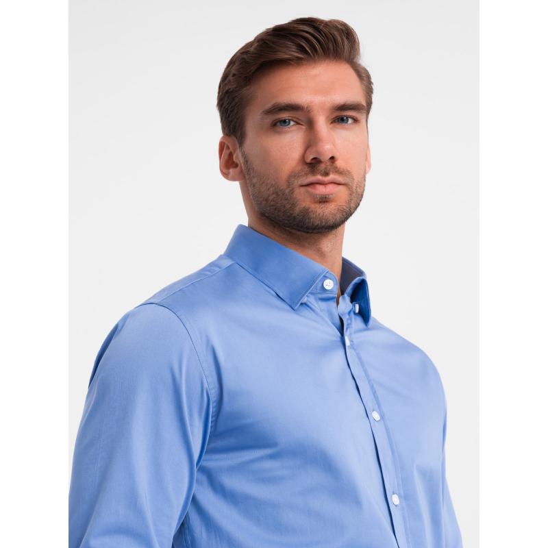 Pánská košile SLIM FIT ze saténové tkaniny modrá 