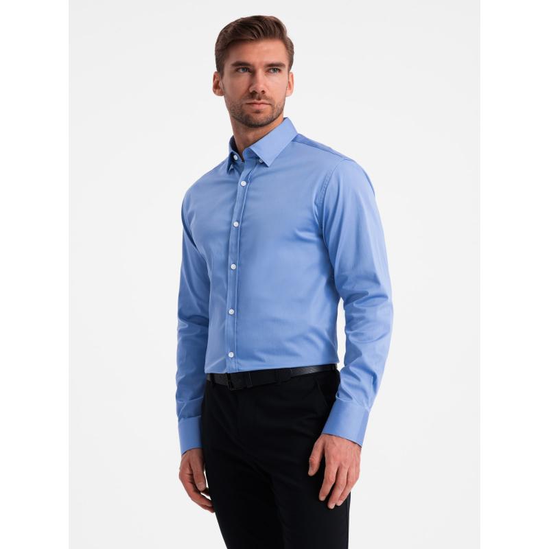 Pánská košile SLIM FIT ze saténové tkaniny modrá 