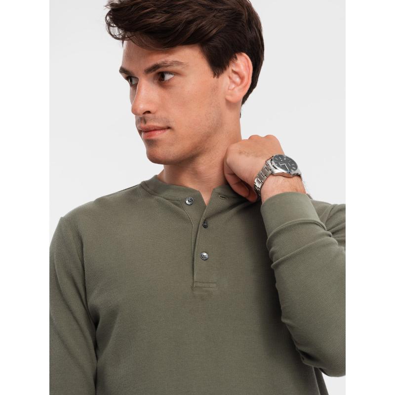 Pánska košeľa s dlhým rukávom z vaflového úpletu s gombíkmi pri krku olivová