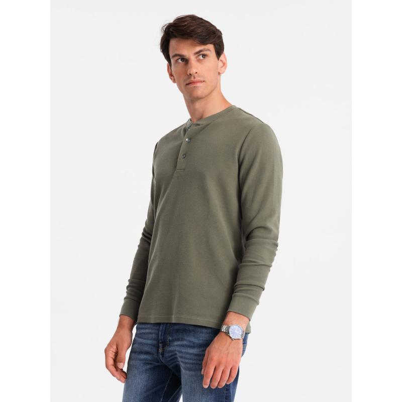 Pánska košeľa s dlhým rukávom z vaflového úpletu s gombíkmi pri krku olivová