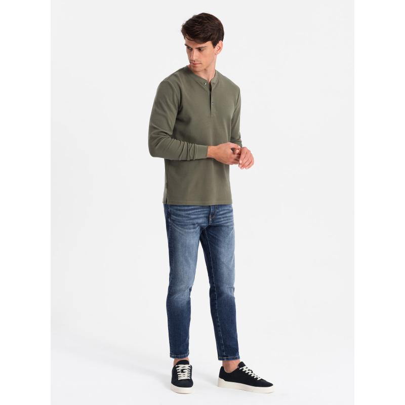 Pánska košeľa s dlhým rukávom z vaflového úpletu s gombíkmi pri krku olivová