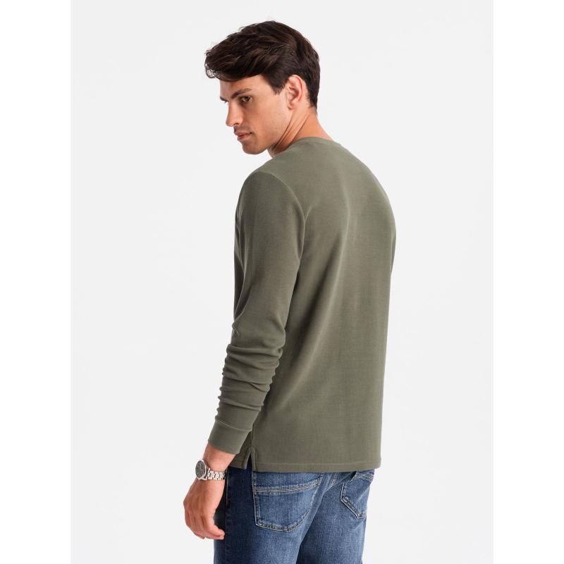 Pánska košeľa s dlhým rukávom z vaflového úpletu s gombíkmi pri krku olivová