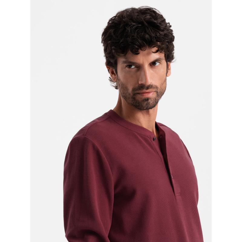 Pánská košile s dlouhým rukávem z vaflového úpletu s knoflíky u krku bordó