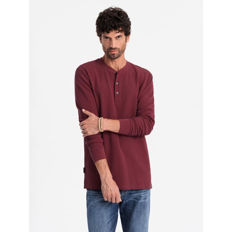 Pánská košile s dlouhým rukávem z vaflového úpletu s knoflíky u krku bordó