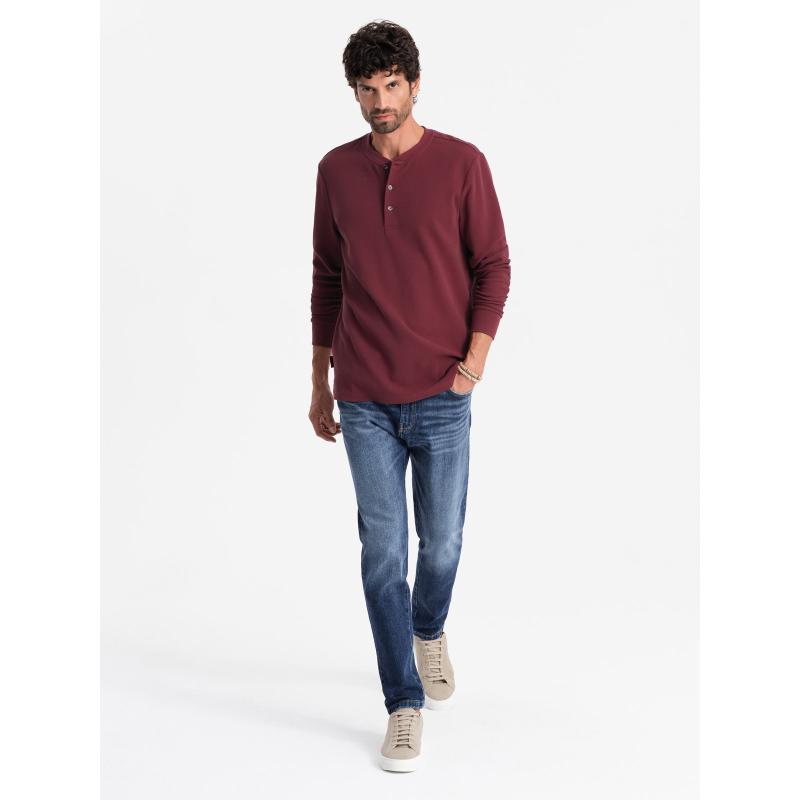 Pánská košile s dlouhým rukávem z vaflového úpletu s knoflíky u krku bordó